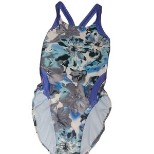 Nike Blue and White Floral Print Girls Swimsuit Sz.12